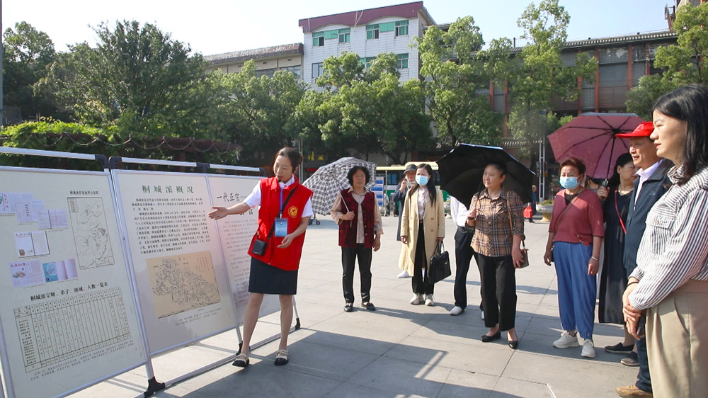 圖為講解員正在結(jié)合展板向市民介紹桐城文派.jpg